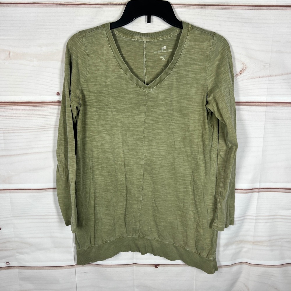 J. Jill Dipped Hem Tunic Women S Petite Green Solid Cotton V-Neck Long Sleeve